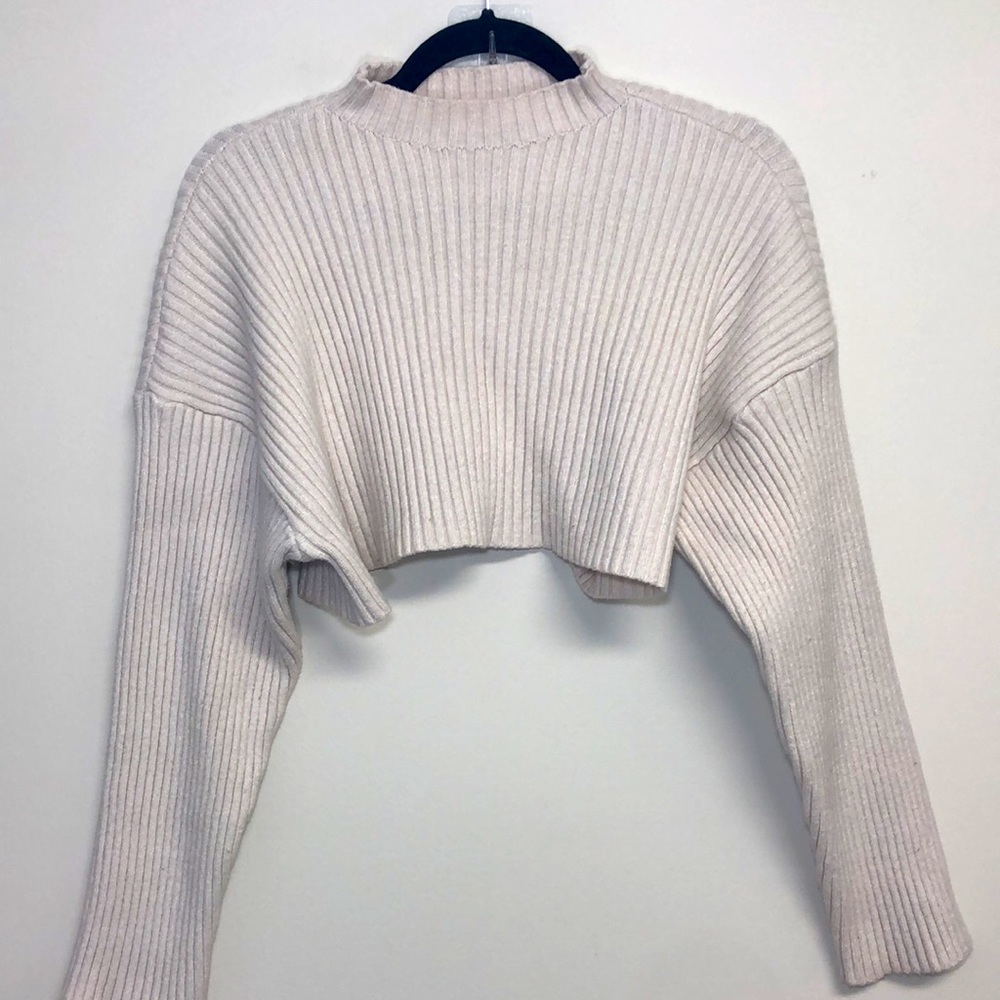 Zara Ribbed Cropped Mock Neck Sweater Beige Size Small